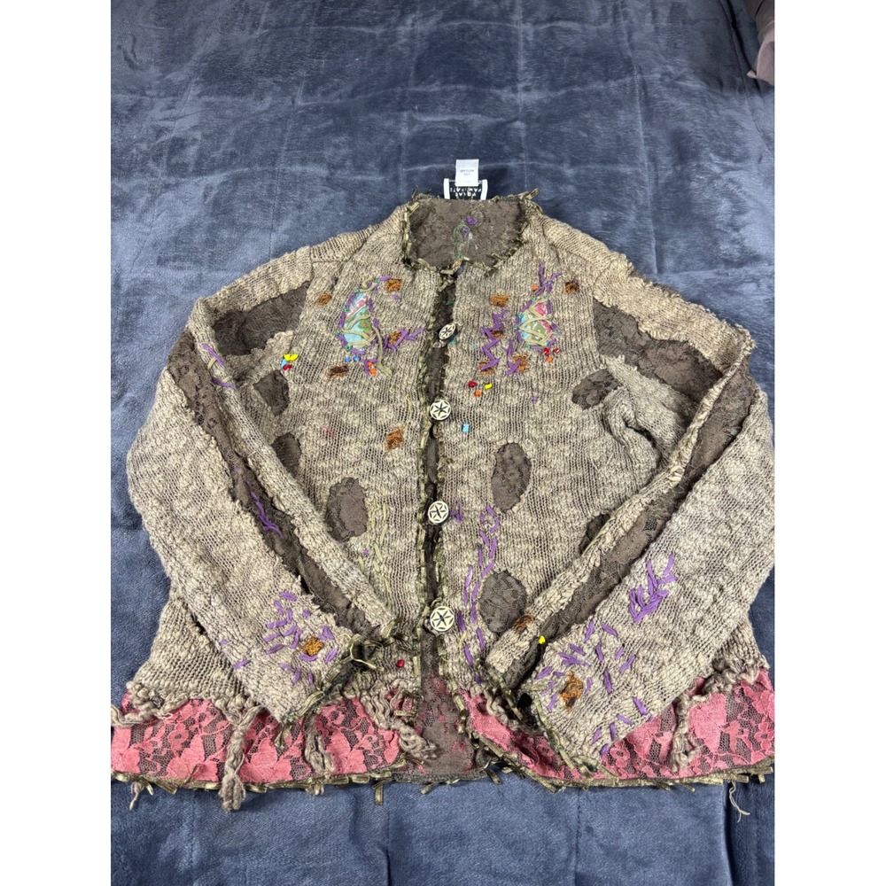 Sandy Starkman Men Artisan Mixed Media Knit Cardigan Sweater Brown Pink Lace M